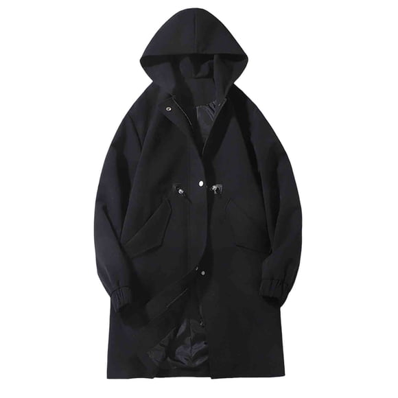 Lovzfmll Men's Long Trench Coat Drawstring Toggle Pockets Hooded Black, XL