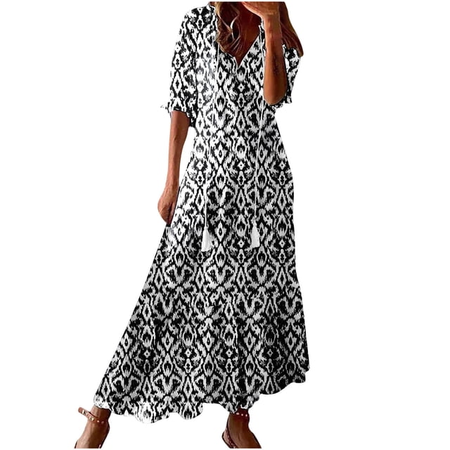 Weiqiqre Robe d'Été Bohème pour Femme 2025 à Volants, Manches Courtes, à Franges, Col en V, à Volants, Fluide, Ligne A, Maxi Robes