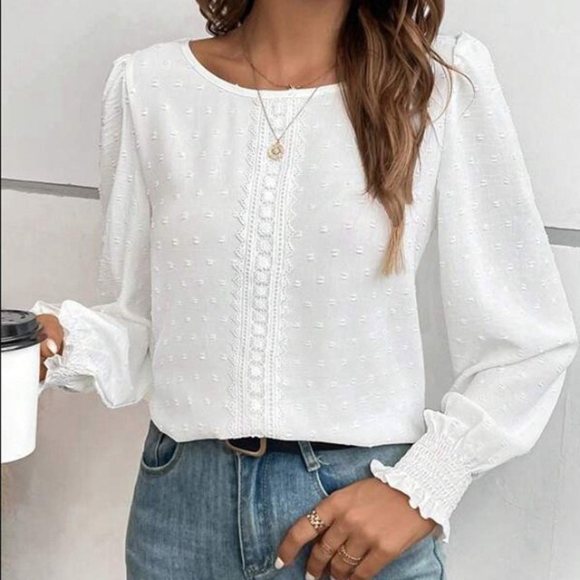 RXIRUCGD Haut/chemise à Manches Longues à Col Rond pour Femme, Décontracté, Uni, en Dentelle Patchwork, Blanc, Taille : 2TG