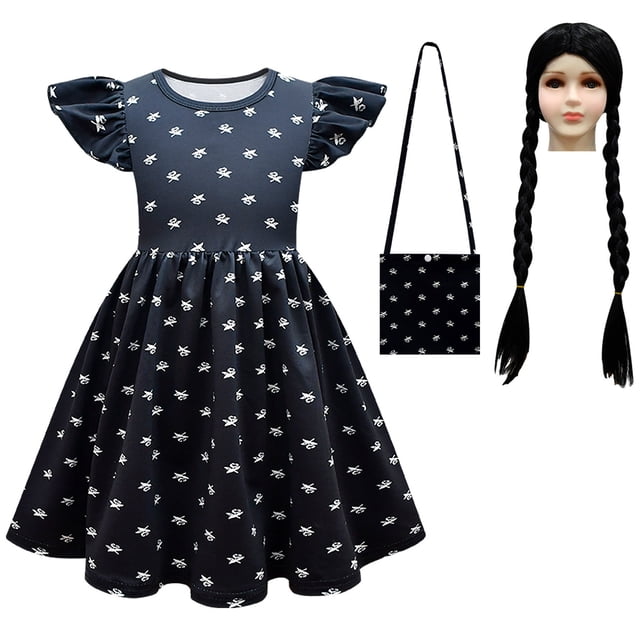 HAWEE Costume de Wednesday Addams pour Filles, Costumes d'Halloween, Robe avec Perruque, Sac
