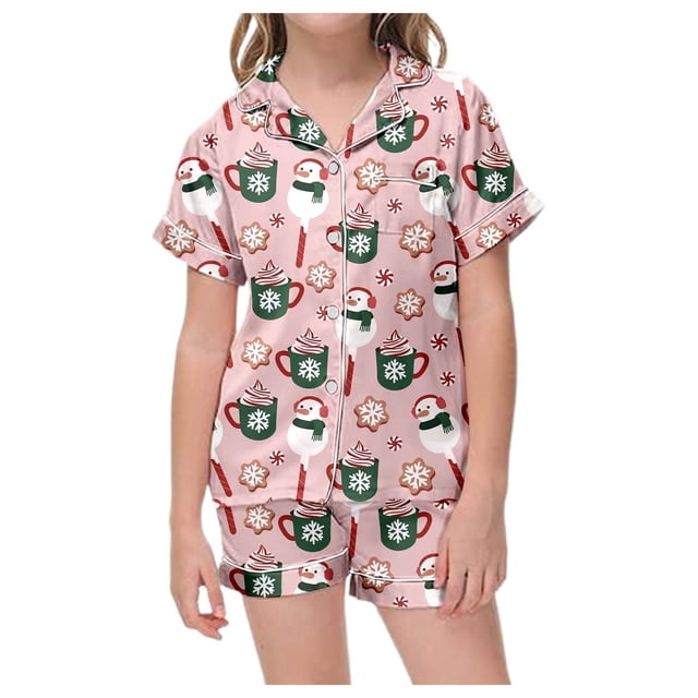 WEAIXIMIUNG Ensemble de Pyjama de Noël Classique pour Enfants, Col Boutonné, Manches Courtes et Shorts, 10-11 Ans
