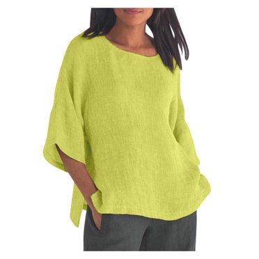 RKSTN Hauts pour Femmes Coton et Lin Mode Court Manches Longues Couleur Unie Chemise Ample Douce Blouse Hauts