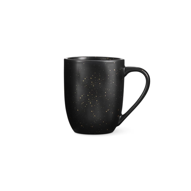Thyme & Table Merrick Mug in black stoneware with gold speckle finish and sleek silhouette, shown front-facing on white background, ideal for coffee or tea, microwave and dishwasher safe, also suitable for serving hot beverages.