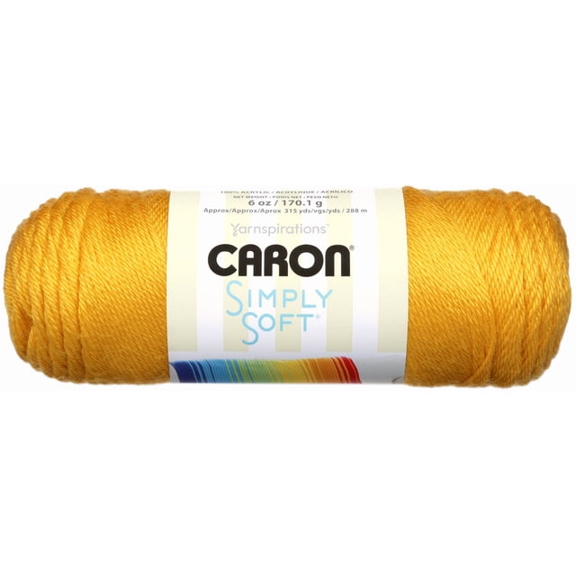 Caron Simply Soft Yarn in golden yellow, acrylic #4 medium weight, 6 oz (170 g) skein with 315 yards (288 m), featuring smooth, lustrous texture and tightly wound strands, ideal for knitting, crochet, and home decor projects.