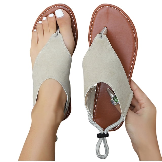 Flat Sandals for Women Flip Flops Adjustable Drawstring Slingback Non Slip Beach Summer Sandals White