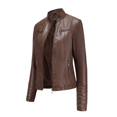 Leather Motorcycle Jacket Womens Slim-Fit Leather Stand-Up Collar Zipper Motorcycle Suit Thin Coat Jacket