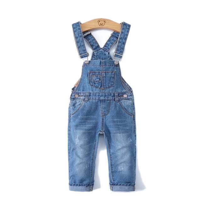 KIDSCOOL SPACE Salopette en Denim Déchirée pour Petite Fille Ou Petit Garçon, Taille 2-3 Ans,