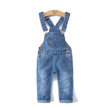 KIDSCOOL SPACE Salopette en Jean Mignonne Coupe Ajustée Déchirée pour Petite Fille Garçon, 6-7 Ans