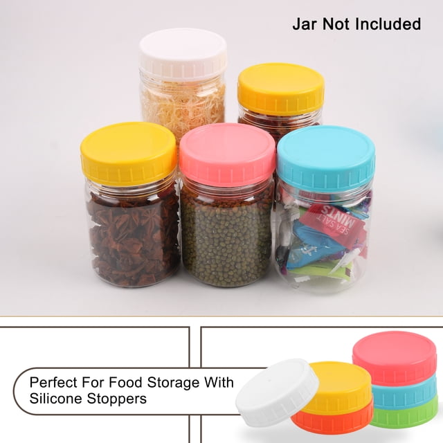 Unique Bargains Plastic Mason Jar Lid set includes 12 assorted color lids for regular and wide mouth mason jars, ideal for canning supplies and kitchen organization. The lids feature ribbed edges for anti-slip grip and silicone sealing gaskets for leakproof food storage. Made from durable PP plastic, these rust-resistant lids are dishwasher safe. Suitable for organizing food, craft items, or office supplies. Jars not included.