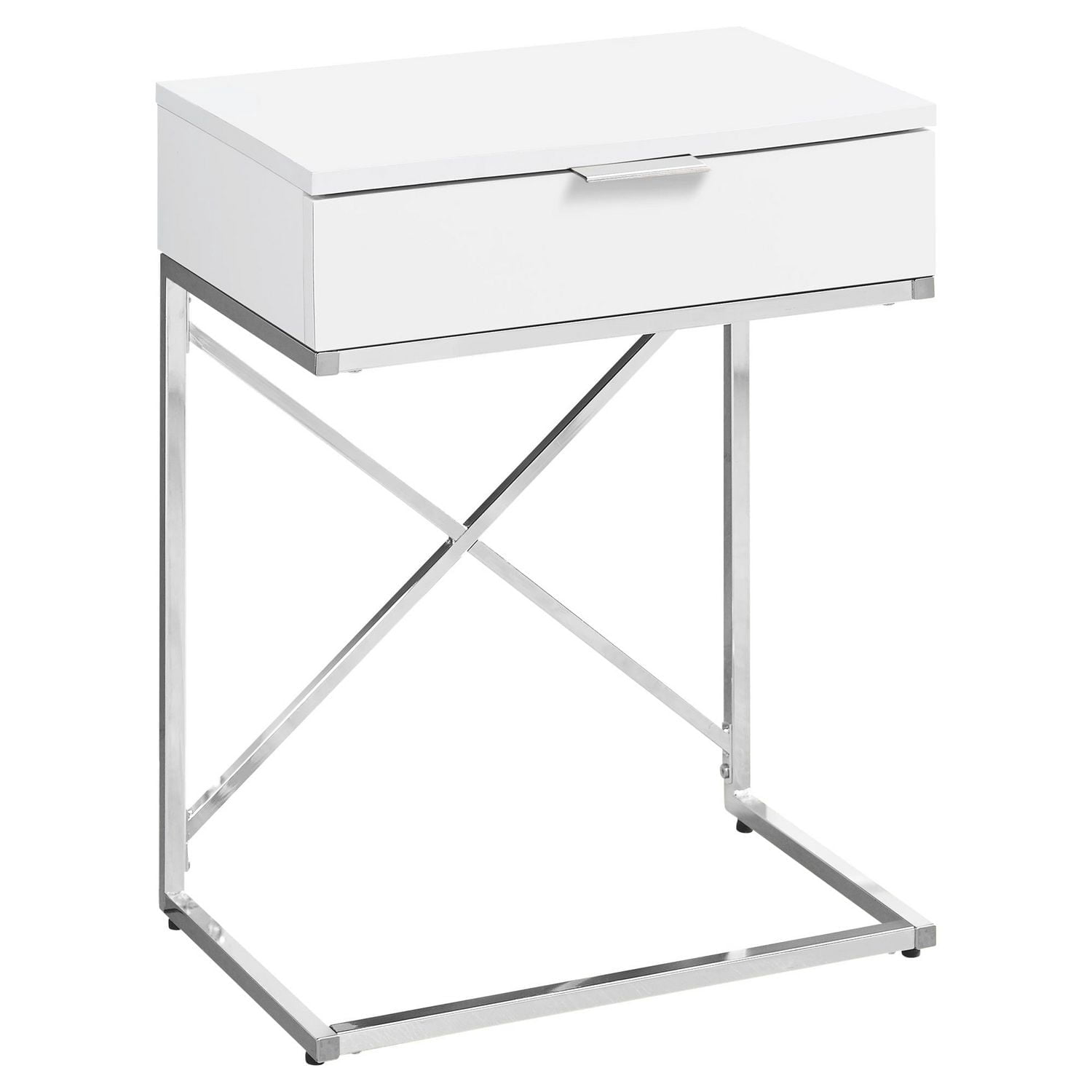 Monarch Specialties  Table D'appoint, Coté, Bout, Table De Nuit, Lampe, Tiroir De Rangement, Salon, Chambre À Coucher, Stratifié Blanc Brillant, Métal Chromé, Contemporain, Moderne