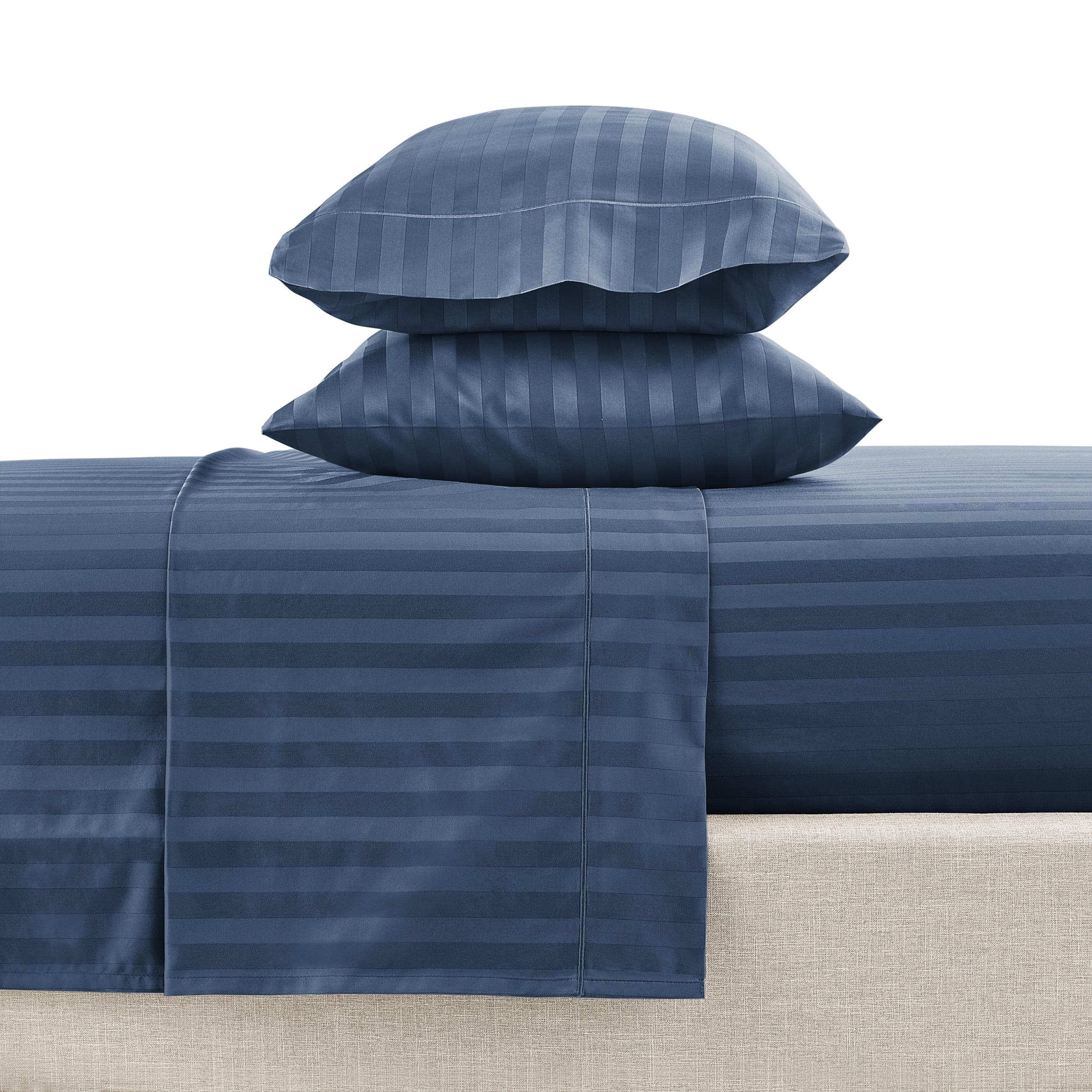 Ensemble de draps pour lit adulte en coton égyptien marin rayures 600 contexture, 4 pièces, hotel style, très grand lit - Poche profonde