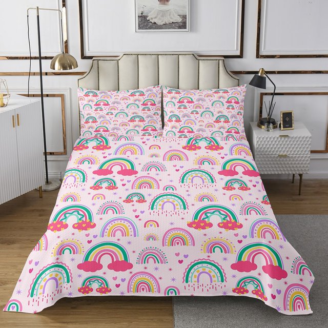 Erosebridal Colorful Rainbow Coverlet Set King, Cute Love Heart Bedding Set, Princess Decor 3pcs