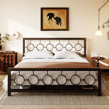 Amolife Brown King Size Metal Platform Bed Frame with Circular Vintage Headboard & Footboard