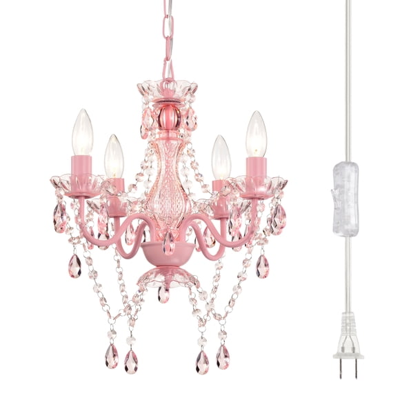 Pink Plug-in Chandelier 4-Light, Acrylic Crystal Hanging Light with 20ft Cord for Girls Bedroom