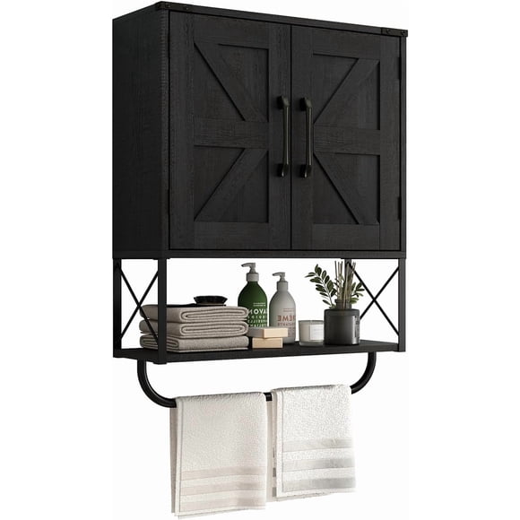 Farmhouse Medicine Cabinet with 2 Barn Doors, Wood Wall Mounted Storage Cabinet with Adjustable Shelves and Towel Bar, 3 Tier Bathroom Cabinet for Bathroom, Living Room