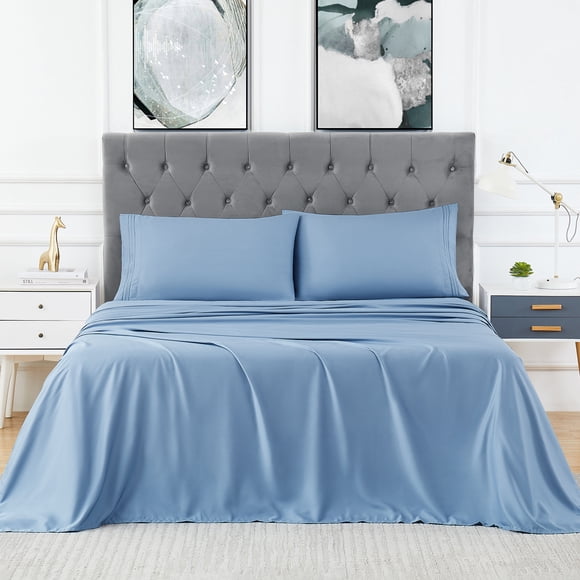 Ultra Soft Cooling Bamboo Bed Sheet Set - 100% Bamboo, Breathable, Wrinkle-Free, Deep Pocket, Luxury Hotel Bedding, Queen Size, Light Blue