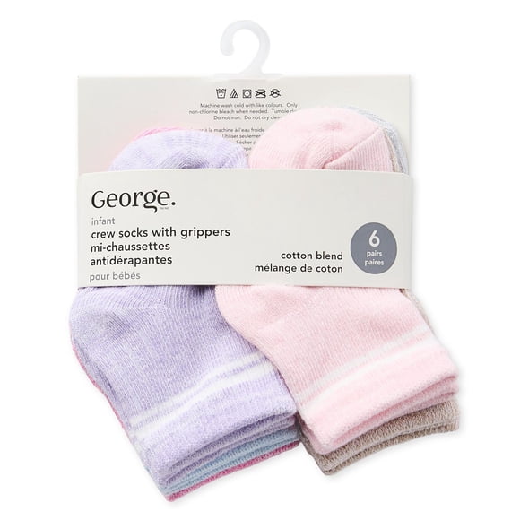 George Baby Girls' Crew Socks with Grippers 6-Pack