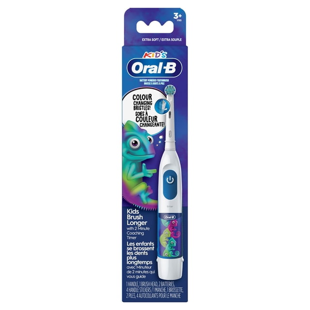 Oral-B Kid's Electric Battery Powered Toothbrush for Ages 3+ with extra soft, color-changing bristles and 2-minute coaching timer, white handle with blue power button and chameleon stickers, removes plaque effectively, includes 2 AA batteries, ideal for kids' dental care.