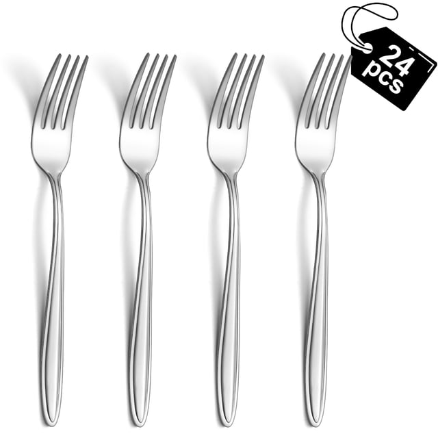 Mirdinner 24 Pcs Dinner Forks set, featuring 7.79-inch stainless steel forks with a mirror-polished finish. The set includes 24 silver forks designed for use in homes, kitchens, or restaurants. These ergonomic and durable flatware pieces are corrosion-resistant, dishwasher safe, and suitable for daily use, family gatherings, weddings, and other events.