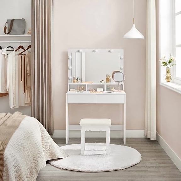 Coiffeuse VASAGLE, Coiffeuse de Maquillage, Table de Maquillage avec Grand Miroir, Lumières DEL à Luminosité Réglable, 2 Tiroirs et 3 Compartiments, Coiffeuse Moderne, Blanc
