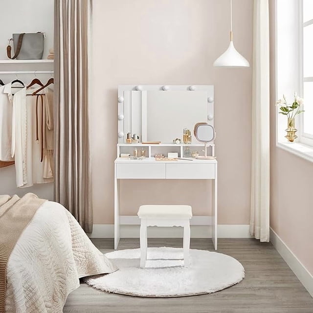 Coiffeuse VASAGLE, Coiffeuse de Maquillage, Table de Maquillage avec Grand Miroir, Lumières DEL à Luminosité Réglable, 2 Tiroirs et 3 Compartiments, Coiffeuse Moderne, Blanc
