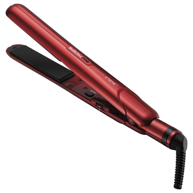 BaByliss PRO Ceramix Xtreme 1 inch professional ceramic flat iron in red with ceramic floating plates, variable temperature control up to 450°F, on/off switch, and 8-foot 360-degree swivel power cord, shown angled on white background for sleek hair styling.