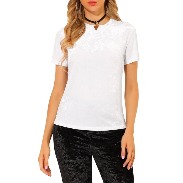 INSPIRE CHIC T-Shirt Décontracté en Velours Blanc à Col Rond et Manches Courtes pour Femmes