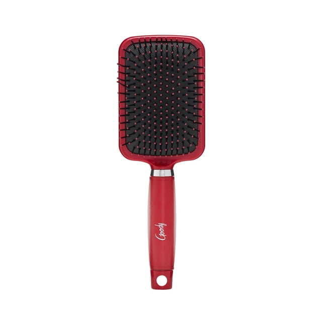 Goody Gel Paddle Brush with a red gel handle and black cushion base featuring black ion-infused bristles with red rounded tips, designed for detangling, reducing static, and styling all hair types and textures.