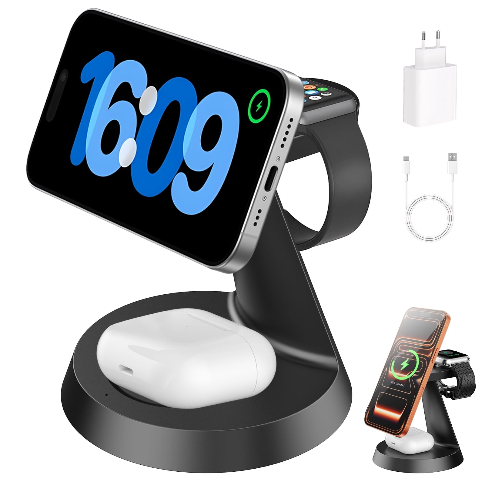 3 in 1 Wireless Charging Station, 2026 Upgraded Fast Desk Charger Station for iPhone 16 15 14 13 12 Pro Max Plus, Charger Stand for Apple Watch 10 9 8 7 6 5 4 3 2 SE, Airpods 4 3 2 Pro, Black