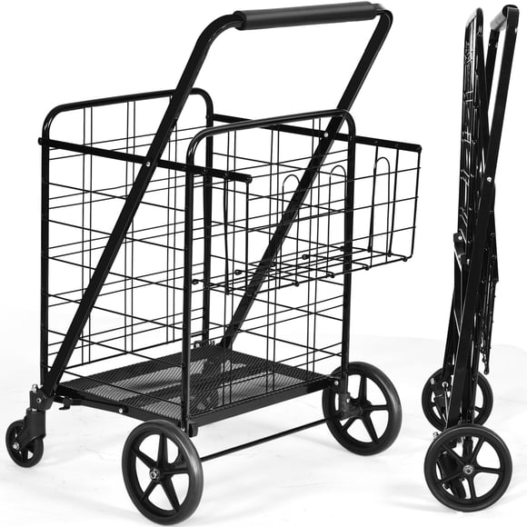 Patiojoy Folding Shopping Cart Jumbo Double Basket Grocery Cart with Wheels Black
