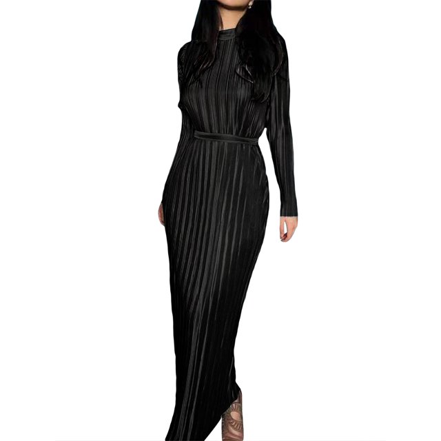 Faithtur Women's Spring Autumn Long Dress Solid Color Long Sleeve Half High Neck Ruched Tie Up Dress