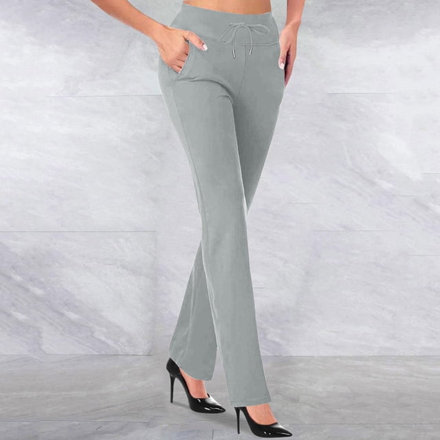 CFLVAEK Womens Office Flare Pants Casual Tummy Control Drawstring Waisted Slacks with Pocket Solid Color Work Straight Pant Casual Tall Lenth Business TrousersGray M