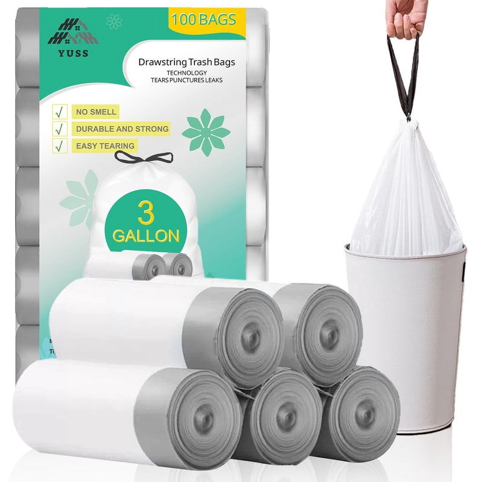 YUSS 3 Gallon Small Garbage Bags with Drawstring Heavy Duty Bathroom Trash Bags,100 Count,Tear-Resistant & Leak-Proof for Kitchen, Office,Car,or Home Use - White