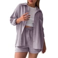 thumbnail image 1 of Fgnfyis Ensemble Décontracté pour Femmes, Chemise Unie à Col de Printemps à Manches Longues, Short Taille Haute à Cordon, Grande Taille, Ensemble 2 Pcs pour Femmes, Ensembles Courts, Violet m, 1 of 8