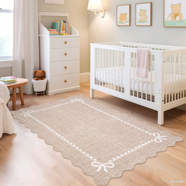 Nanan 4'x6' Scalloped Bow Area Rug, Non-Slip Back, Machine Washable Low-Pile Carpet for Living Room Bedroom Nursery Home Decor,Camel