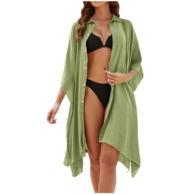 Plebaso Longue Robe de Plage de Plage pour Femmes à Boutons, Col, par-Dessus, Robe Chemise de Maillot de Bain Unie pour Femmes pour les Vacances