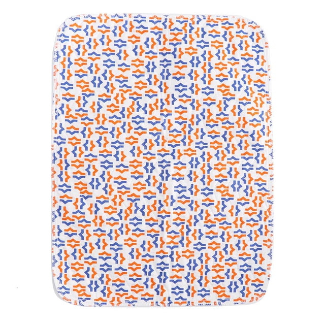 Waterproof Adults Children Mattress Bed Pad Ultra Absorbent 1, featuring a rectangular design with rounded edges and a vibrant orange and blue geometric pattern on a white background. Made from cotton, this reusable bed pad measures 45 x 59 cm (17.8 x 23.2 inches) and provides a waterproof layer to protect sheets and mattresses from fluids and stains. Suitable for adults and children, it absorbs moisture quickly and is washer and bleach friendly for up to hundreds of washes.
