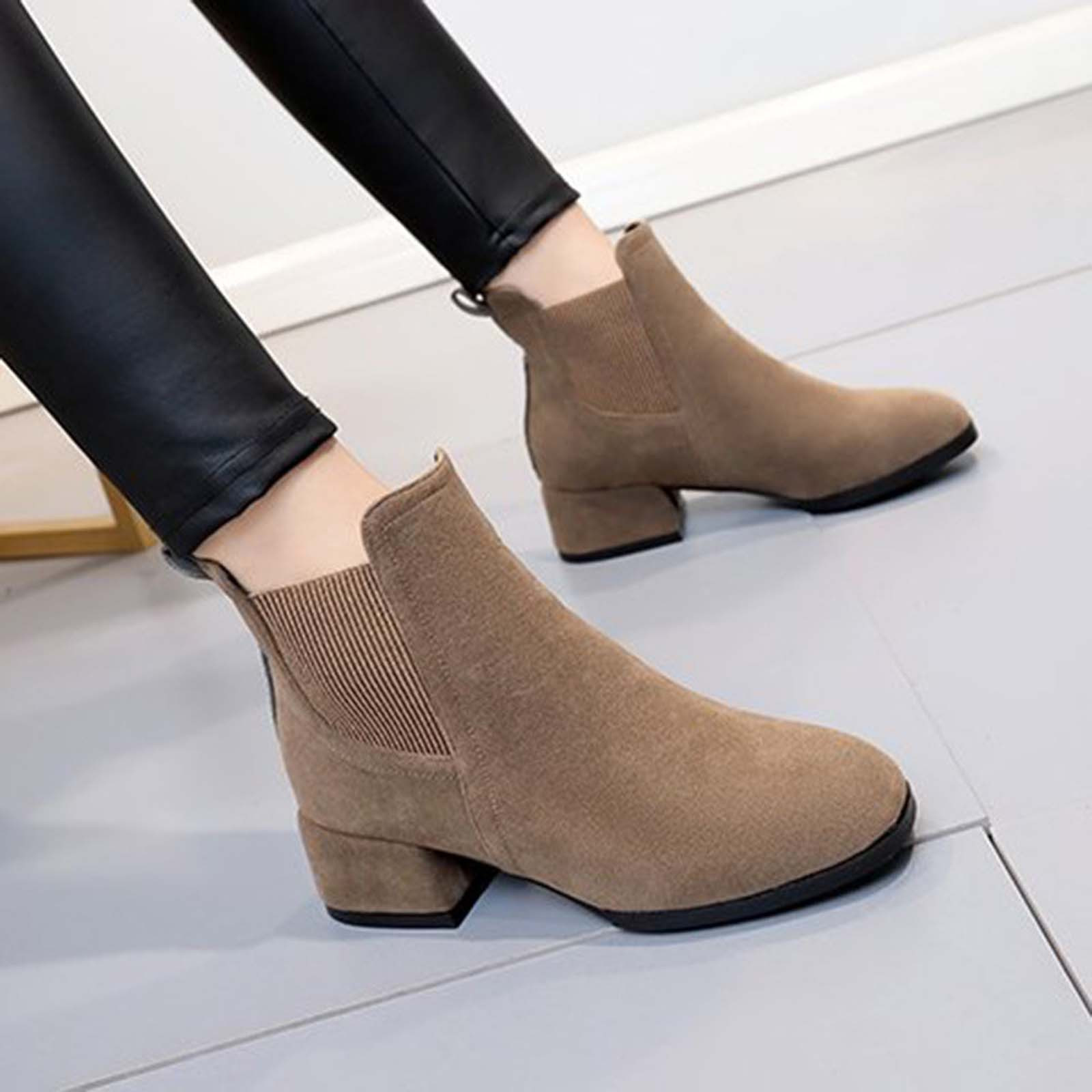 Cameland Women's Fall Winter Solid Color Flock Boots Chunky Heel Middle Short Boots Round-Toe Boots