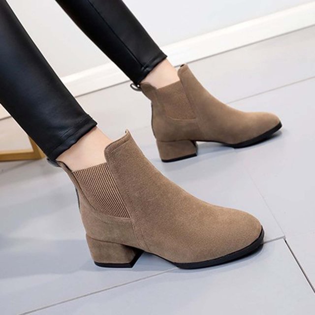 Cameland Women's Fall Winter Solid Color Flock Boots Chunky Heel Middle Short Boots Round-Toe Boots