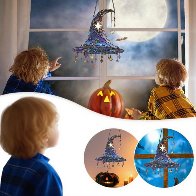Birdeem Halloween Hanging Decorations, 2D Acrylic Witch Hat Hanging Decoration Colorful Painted Designs, Hanging Witch Hats, Halloween Witch Decorations, Halloween Witch Hat