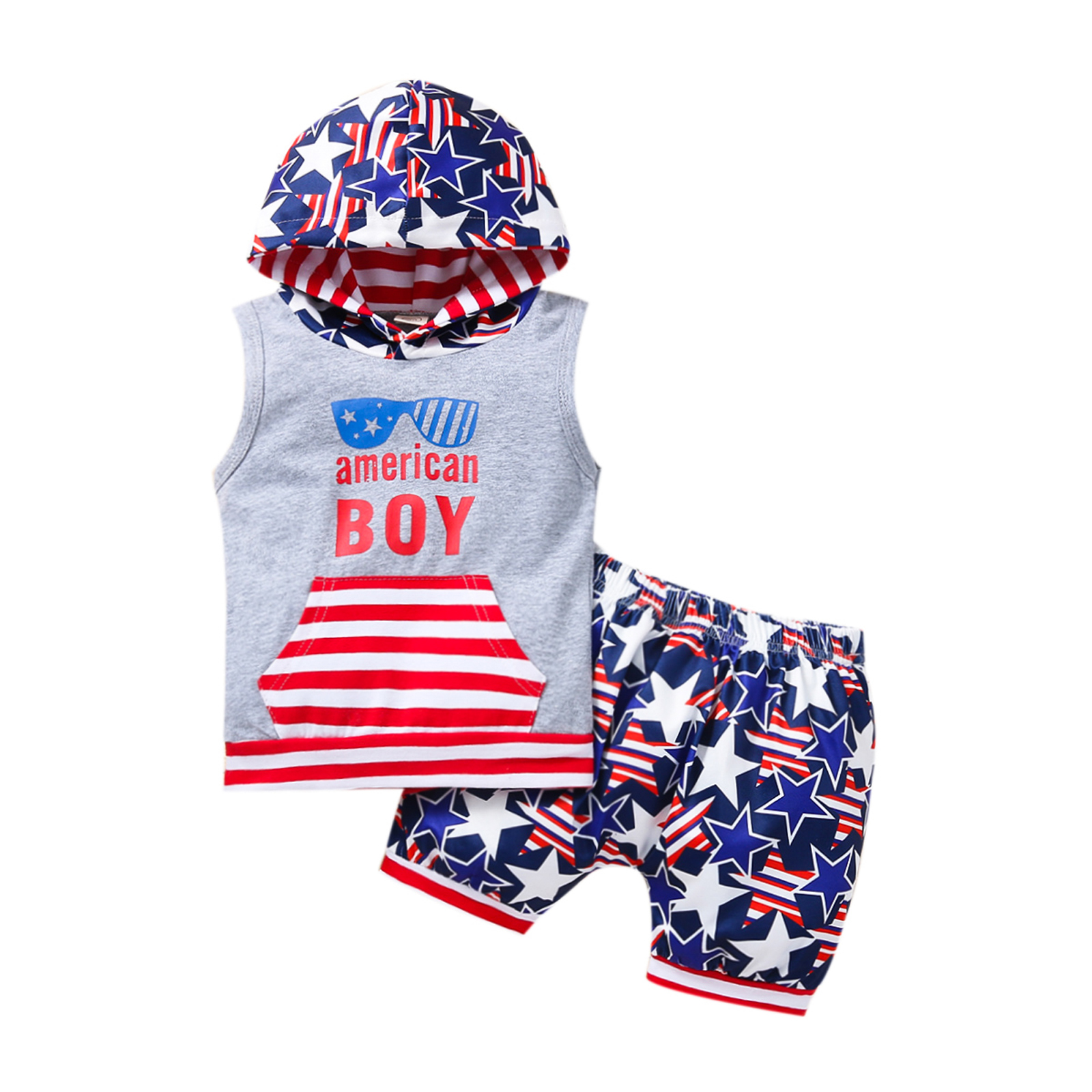 Gupgi Hauts Sans Manches à Capuche pour Enfants à Rayures avec Imprimé de Lettres + Shorts à Imprimé d'Étoiles