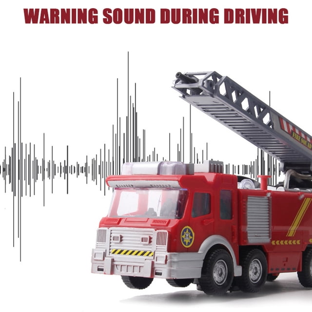 Water Spray Truck Fire Engine Educational Toy made of nontoxic ABS plastic, featuring a red fire truck design with a 360-degree rotating and extendable ladder. The toy emits sound and light in blue, orange, and red, and sprays water when the red button is pressed. It measures 24x6.5x9 cm and requires 3 AA batteries (not included). The truck changes direction upon hitting obstacles, simulating a rescue scene.