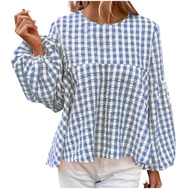 FAIWAD Women's Cute Babydoll Blouses Puff Long Sleeve Flowy Loose Tops Trendy Casual Round Neck Plaid Shirts