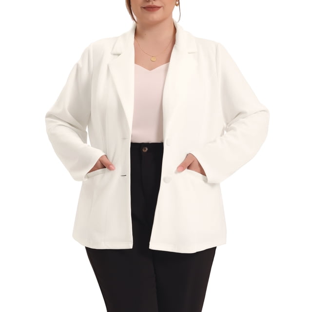 GRACE & GRANDEUR Blazer de Bureau pour Femme Grande Taille d'Automne à Revers Cranté, Boutonné, 2X Blanc
