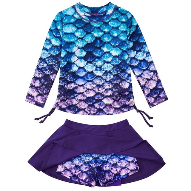 Kid Girls Rash Guard Swimsuits Flounce Printed Long Sleeve Sun Protection Girls Bathing Suit 9-10 Years