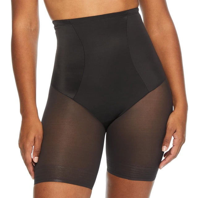 George Gaine Longue pour Femme Noire avec Taille Haute Élastiquée, Corps en Tissu nylon-spandex Lisse et Panneaux Longs en Maille Transparente Qui Galbent et Réduisent le Ventre et les Cuisses avec double Panneaux pour Soutien du Dos, Montré Orienté vers l'Avant sur un Modèle de Mi-Torso à Mi-Cuisse, Idéal pour Superposer sous des Robes Ou des Jupes.