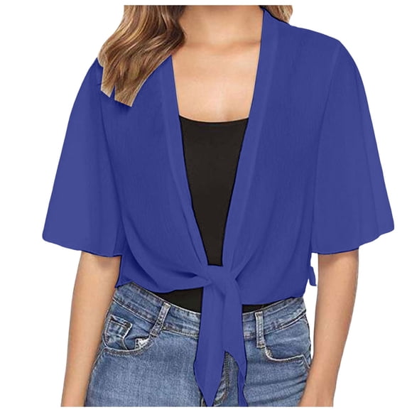 Ketyyh-chn99 Womens Cardigan Sweaters Fall Coat Women Tie Front Chiffon Short Sleeve Cropped Sheer Bolero Cardigan Blue,M