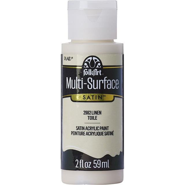 FolkArt Multi-Surface Satin Acrylic Paint 2 fl. oz. bottle in Linen color with a white flip-top cap, offering creamy satin finish craft paint ideal for wood, canvas, glass, fabric, and ceramics, suitable for indoor and outdoor projects.