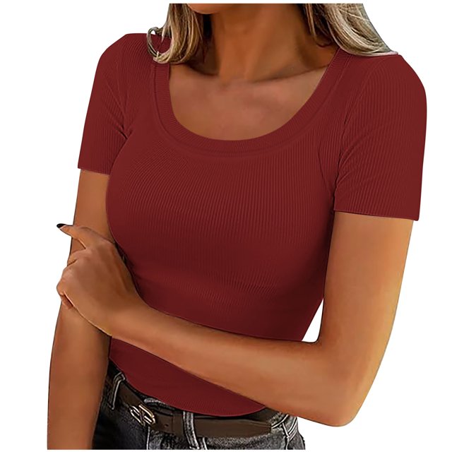 AherBiu Womens Tops Summer Ribbed Knitted Stretchy Slim Tight Tops Solid Color Short Sleeve Tshirts