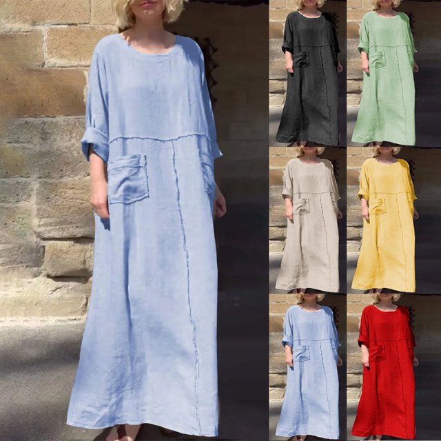 Gspmoly Robes d'Été pour Femmes, Robe à Col en V Unie et en Lin pour le Printemps et l'Été pour Femmes, Décontractée avec Poches, à Manches Longues, Robes Habillées pour Femmes Économies